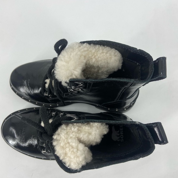 Sorel Lennox Cozy Lace Up Waterproof Rain Boots Women 6 Black White Wool Leather - Picture 6 of 8